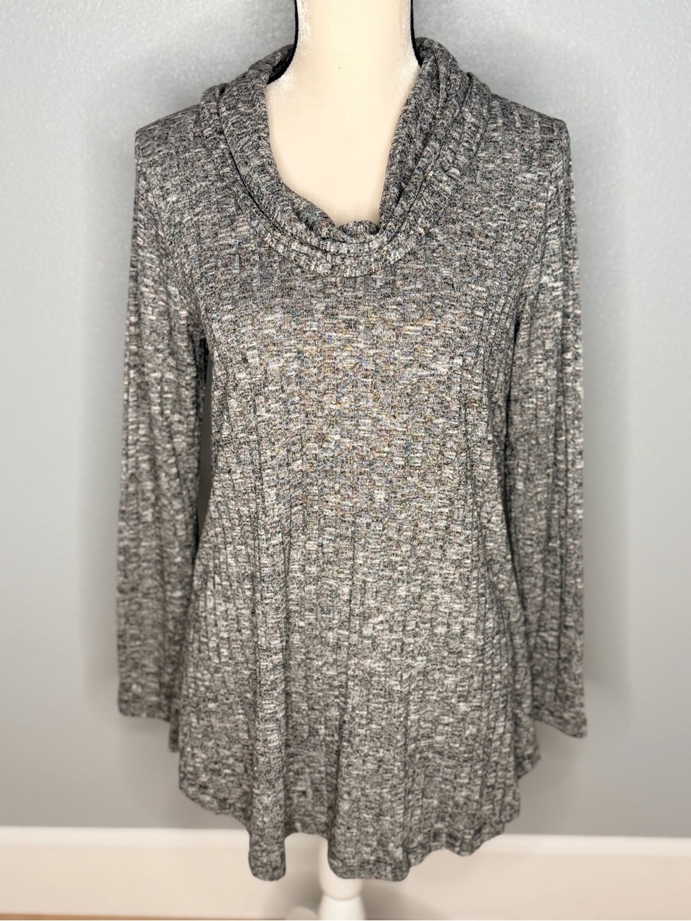 Cable & Gauge Gray Marled Ribbed Cowl Neck Tunic Sweater Top Cozy Soft L